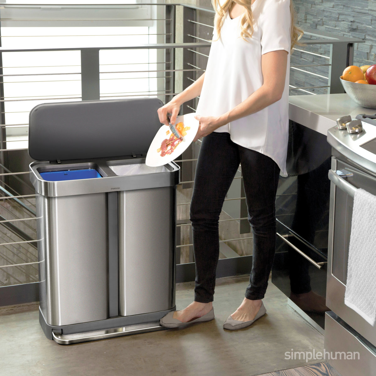 Simplehuman 58 Liter / 15.3 Gallon Rectangular Dual Compartment Recycling Step, Brushed Stainless Steel With Soft-close Plastic Lid Kitchen Trash Can